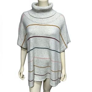 Loft Light Gray Poncho Sweater Short Sleeve Turtleneck Shrug Colorful Stripes